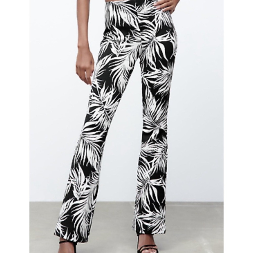 Zara Women's Tropical Leaf Pull-On Flare Elastic Waist Pants S Small NWOT